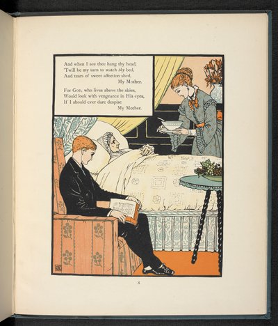 Un giovane seduto con sua madre, che è a letto, mentre le viene data della zuppa da Walter Crane