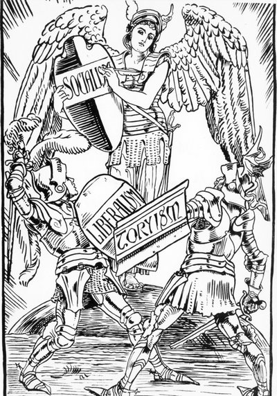 Allegoria di Walter Crane: Il socialismo trionfa duramente nella lotta tra liberalismo e torysmo (Partito Conservatore Inglese). Incisione della fine del XIX secolo da Walter Crane