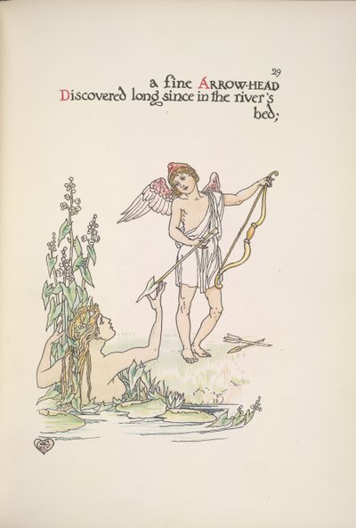 Un angelo che tiene una freccia e una signora in un fiume o lago da Walter Crane