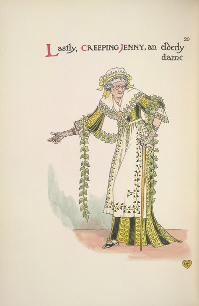 Creeping Jenny. Una signora anziana che usa un bastone da passeggio da Walter Crane