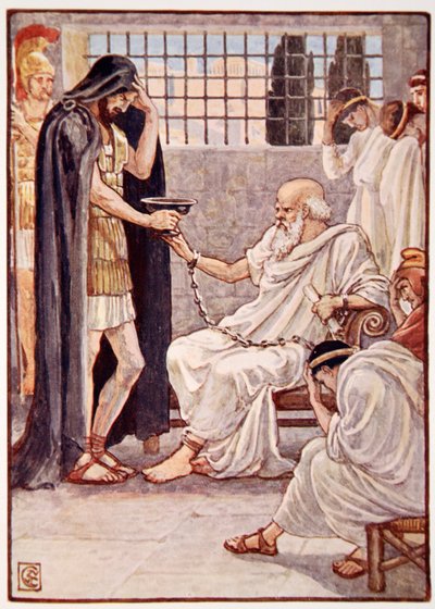 Bevve il contenuto come se fosse un sorso di vino, illustrazione da La storia della Grecia di Mary Macgregor, 1a edizione, 1913 (stampa a colori) da Walter Crane
