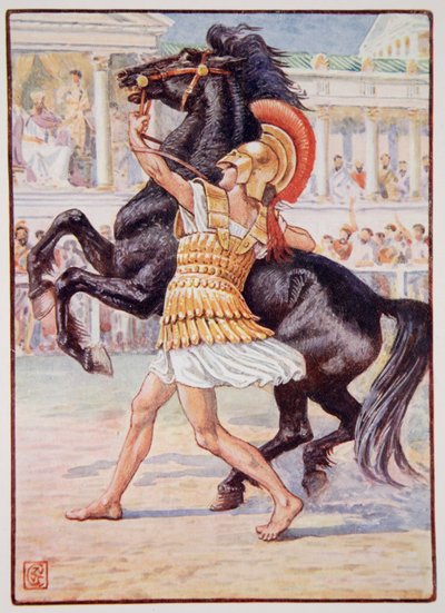 Corse verso il cavallo e afferrò le briglie, illustrazione da 
