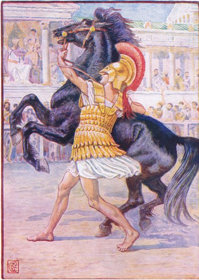 Corse verso il cavallo e afferrò le briglie (illustrazione da La storia della Grecia, anni 