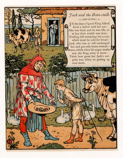 Jack vende la sua mucca per dei fagioli, da Il libro delle immagini di Barbablù, pub. 1879 litografia a colori, 1879 da Walter Crane