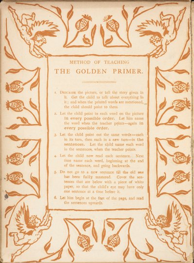 Metodo di insegnamento del Golden Primer. Bordo floreale, con cherubini da Walter Crane