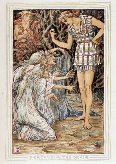 Perseo e le Graie (Beozia, Grecia) - Incontra tre vecchie (streghe?) - in "A wonder book for girls and boys" di Walter Crane (1845-1915) da Walter Crane