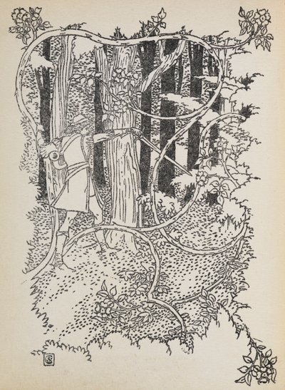 Il Principe Azzurro si fa strada attraverso la foresta invasa verso la Bella Addormentata da Walter Crane