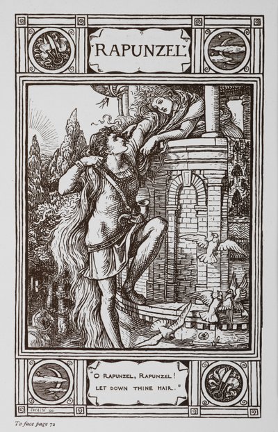 Raperonzolo si sporge dalla finestra di una torre mentre un principe si arrampica sui suoi capelli da Walter Crane