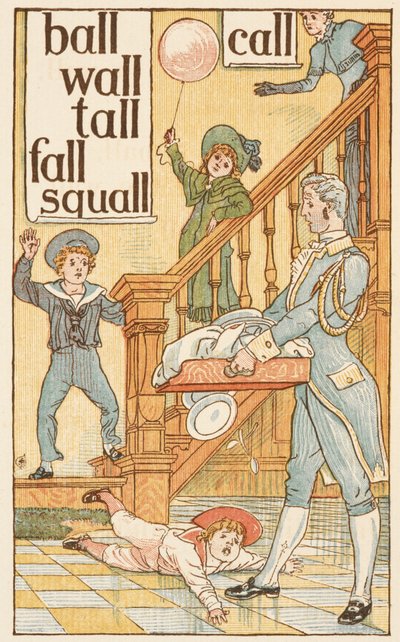 Parole in rima che finiscono con la lettera L. Bambini e un maggiordomo. Il Golden primer da Walter Crane