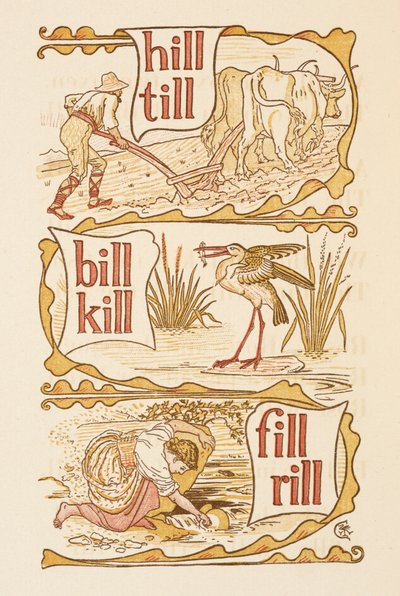 Parole in rima che finiscono con la lettera L. Aratura. Una cicogna. The Golden Primer da Walter Crane