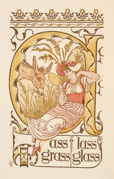 Parole in rima che finiscono con la lettera S. Una donna che tiene uno specchio. Il Golden primer da Walter Crane