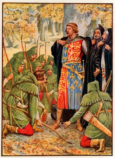 Robin Hood e i suoi uomini si inginocchiano davanti al re da Walter Crane