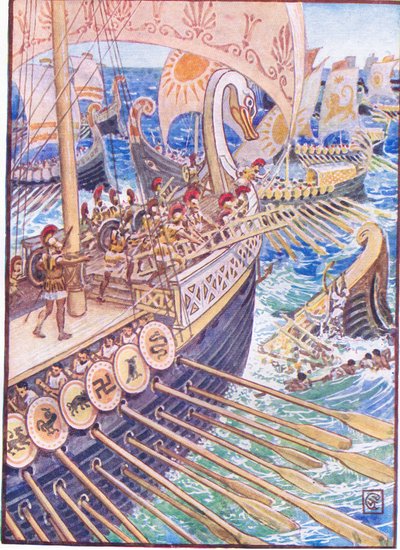 Nave contro nave, finché i morti persiani non coprirono il profondo come fiori (illustrazione da La storia della Grecia, anni 