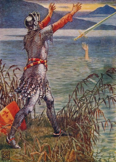 Sir Bedivere getta la spada Excalibur nel lago da Walter Crane