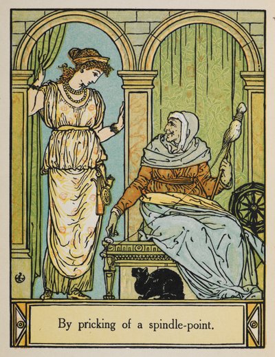 La Bella Addormentata accanto a una vecchia con un fuso e filo. Un gatto nero siede sotto da Walter Crane
