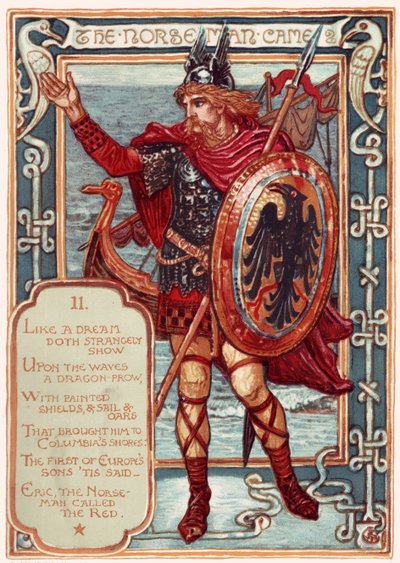 Il Norvegese. Da: Il corteggiamento di Columbia: Una storia illustrata degli Stati Uniti, 1893 da Walter Crane