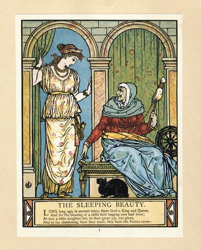 La principessa impara a filare, da Il libro delle fiabe di Barbablù, pub. 1879 da Walter Crane