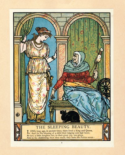 La principessa impara a filare, da The Blue Beard Picture Book, pub. 1879 litografia a colori, 1879 da Walter Crane