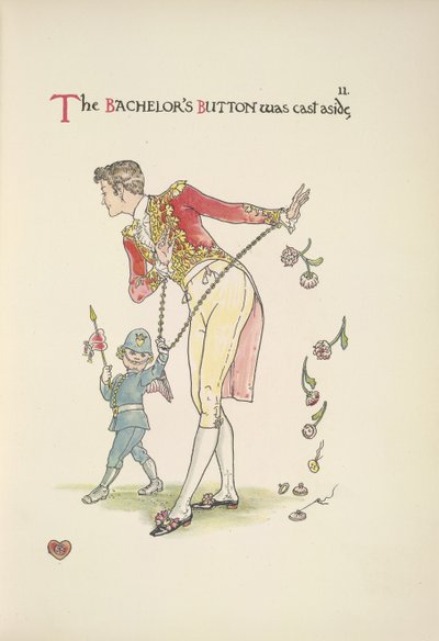 Il bottone del celibe. Un giovane incatenato ai polsi; Cupido lo guida da Walter Crane
