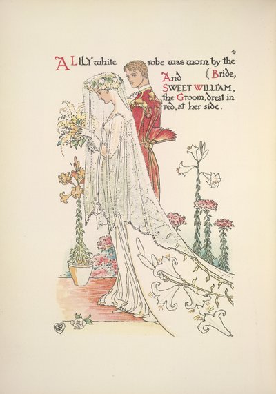 Gli sposi. Una veste bianca come un giglio indossata dalla sposa, e dolce William, lo sposo, vestito di rosso da Walter Crane