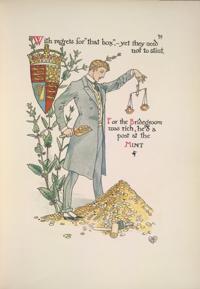 Lo sposo che tiene una bilancia per misurare la sua ricchezza da Walter Crane
