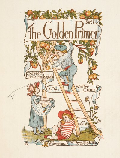 Pagina del titolo per il Golden primer. Un bambino su una scala, che raccoglie mele da un albero. da Walter Crane