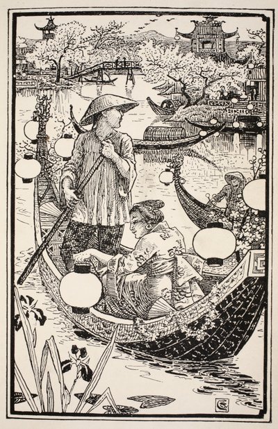 Quando venne la sera salirono di nuovo sulla loro barca, adornandola di fiori dalla prua alla poppa, illustrazione da 