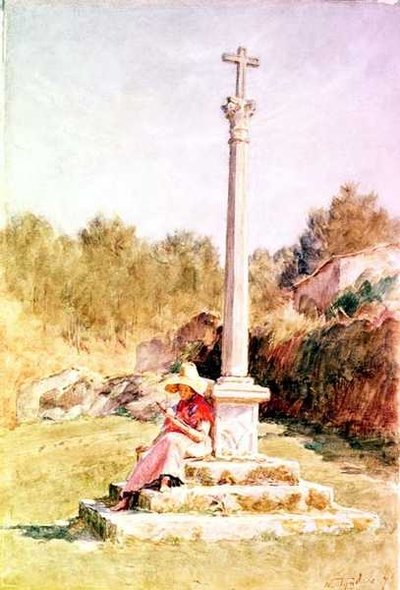 Figure vicino a una Croce Commemorativa da Walter Frederick Roofe Tyndale