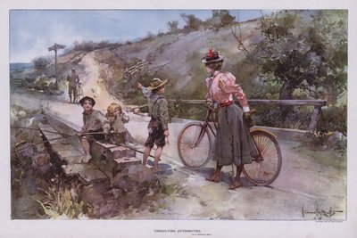 Consultare le autorità: donna in bicicletta che chiede indicazioni a un gruppo di bambini da Walter Granville Smith