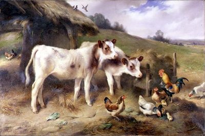 Vitelli e pollame fuori da un fienile da Walter Hunt