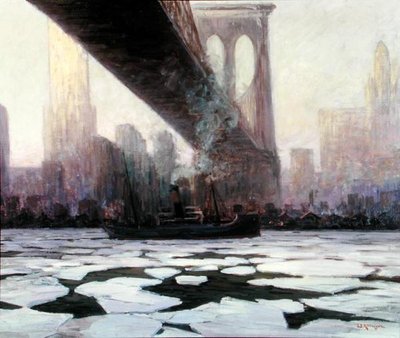 Nave in acqua ghiacciata sotto il ponte di Brooklyn da Walter Koeniger