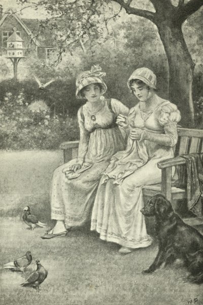 Jane Austen che cuce, con sua sorella Cassandra nel giardino del rettorato da Walter Paget