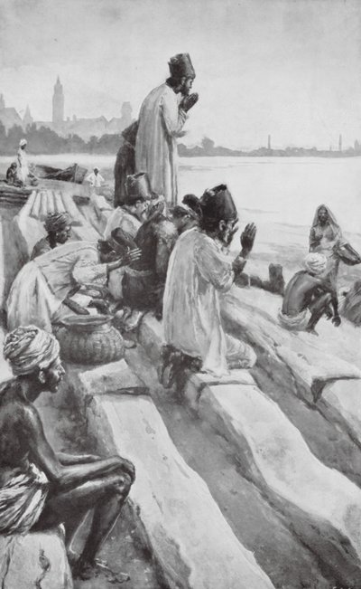 Parsi che adorano il sole nascente sulla spiaggia di Bombay da Walter Paget