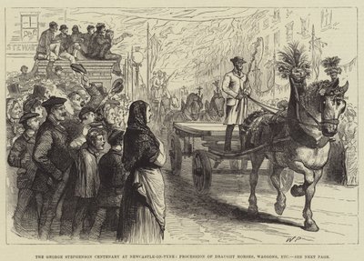 Il centenario di George Stephenson a Newcastle-on-Tyne, processione di cavalli da tiro, carri, ecc. da Walter Paget