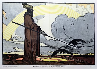 Odino con i suoi due corvi, Hugin (pensiero) e Munin (memoria) da Walter Puttner