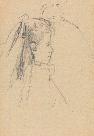 Testa e busto di una ragazza di profilo a destra, testa di un uomo, pieno fronte, dietro da Walter Richard Sickert
