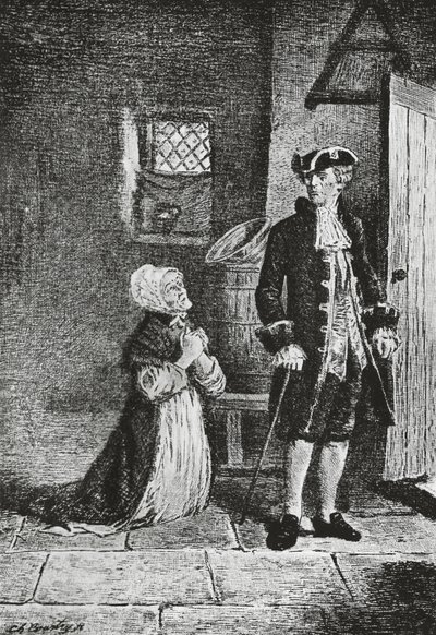 Elspeth e Lord Glenallan, illustrazione per Antiquario, romanzo storico di Walter Scott, incisione da Walter Scott