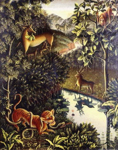 Favola degli animali: Tigre e Serpente in Combattimento in una Foresta Primordiale da Walter Spies