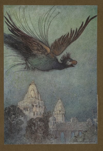Un uccello mostruoso esce apparentemente dal palazzo, da Folk-Tales of Bengal ... Con 32 illustrazioni a colori di Warwick Goble (Edizione de luxe.) 1914 da Warwick Goble