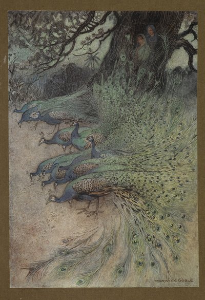 Tavola 11: "Centinaia di pavoni dalle piume sgargianti vennero agli argini per mangiare il khai", da Fiabe popolari del Bengala ... Con 32 illustrazioni a colori di Warwick Goble (Edizione di lusso) da Warwick Goble