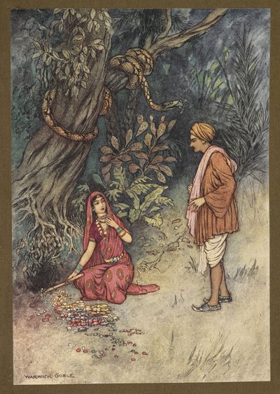 Tavola 14: "Marito, prendi tutta questa grande quantità di oro e queste pietre preziose", da Folk-Tales of Bengal ... Con 32 illustrazioni a colori di Warwick Goble (Edizione de luxe) da Warwick Goble