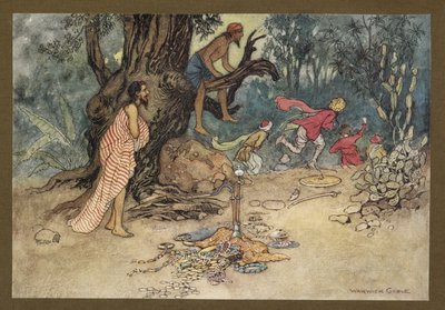 Tavola 15: "Fuggirono in gran paura, lasciando i soldi e i gioielli, da "Folk-Tales of Bengal ... Con 32 illustrazioni a colori di Warwick Goble (Edizione de luxe) da Warwick Goble