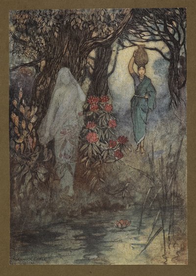 Tavola 18: "La moglie del Brahman dovette andare al serbatoio, e mentre andava fu sfiorata da una Sankchinni", da Folk-Tales of Bengal ... Con 32 illustrazioni a colori di Warwick Goble. (Edizione de luxe.) da Warwick Goble