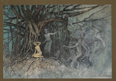 Tavola 19: "Nel momento in cui fu dato il primo colpo, molti fantasmi si precipitarono verso il Brahman, da "Folk-Tales of Bengal ... Con 32 illustrazioni a colori di Warwick Goble (Edizione de luxe.) da Warwick Goble