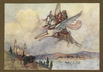Tavola 20: "La signora, il re e hiraman raggiunsero la capitale del re sani e salvi", da Folk-Tales of Bengal ... Con 32 illustrazioni a colori di Warwick Goble (Edizione de luxe.) da Warwick Goble