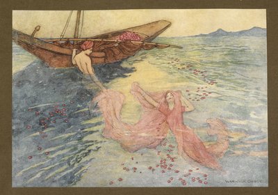 Tavola 22: "Salendo in superficie salirono sulla barca", da Fiabe popolari del Bengala ... Con 32 illustrazioni a colori di Warwick Goble (Edizione di lusso) da Warwick Goble
