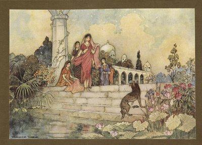 Tavola 23: "Lo sciacallo ... aprì il suo fagotto di foglie di betel, ne mise alcune in bocca e iniziò a masticarle", da Folk-Tales of Bengal... Con 32 illustrazioni a colori di Warwick Goble (Edizione de luxe.) da Warwick Goble