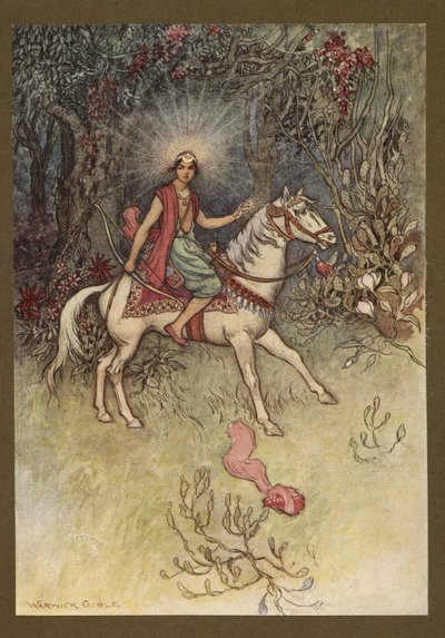 Tavola 24: "Una luce brillante, come quella della Luna, si vedeva brillare sulla sua fronte", da Folk-Tales of Bengal ... Con 32 illustrazioni a colori di Warwick Goble (Edizione de luxe) da Warwick Goble