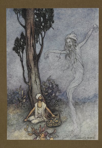 Tavola 26: "Ora barbiere, sto per distruggerti. chi ti proteggerà?", da Folk-Tales of Bengal ... Con 32 illustrazioni a colori di Warwick Goble (Edizione de luxe.) da Warwick Goble