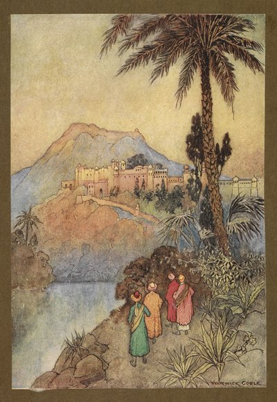 Tavola 27: "Si avvicinarono a un magnifico complesso di edifici.", da Folk-Tales of Bengal ... Con 32 illustrazioni a colori di Warwick Goble. (Edizione de luxe.) da Warwick Goble